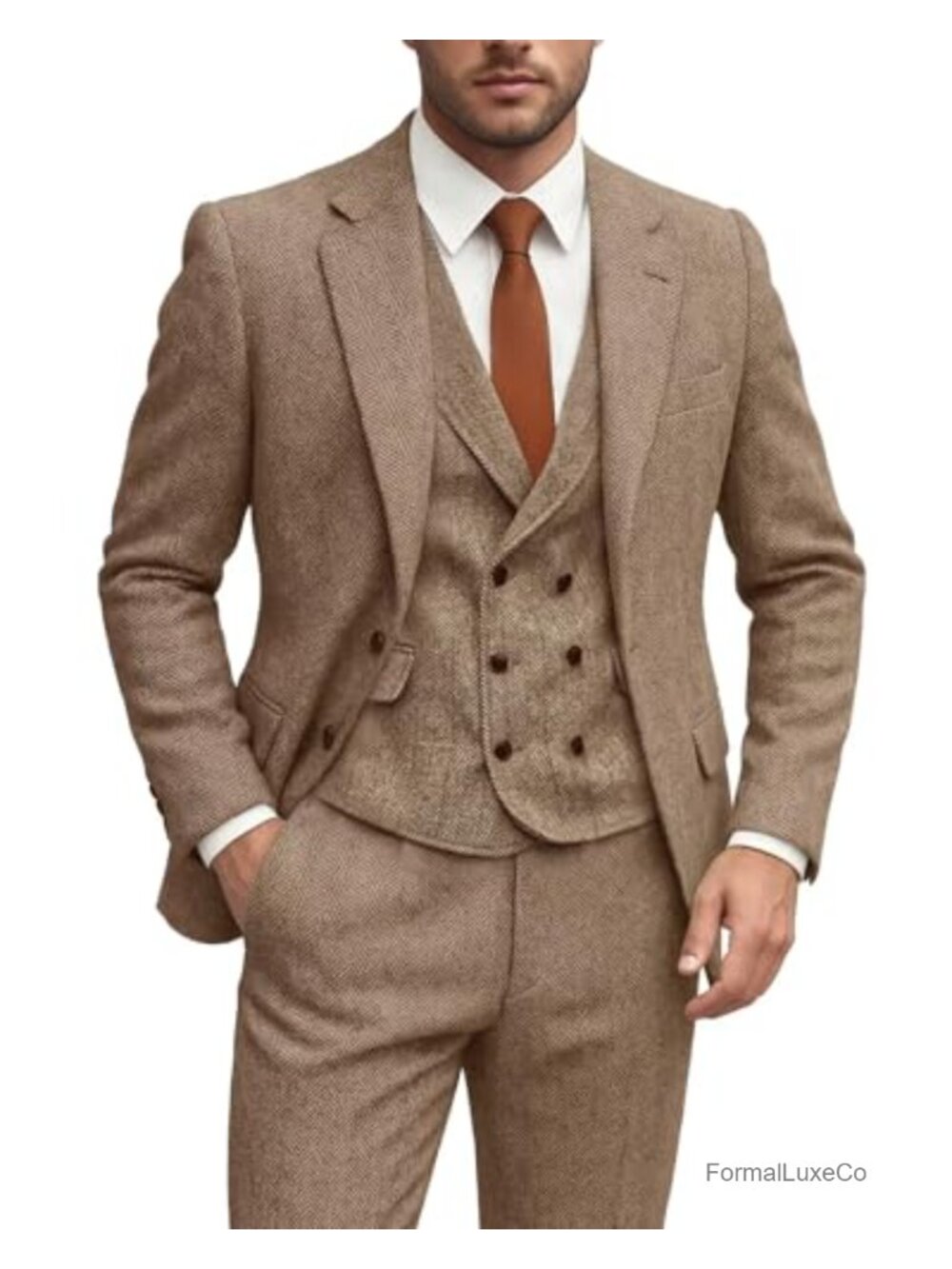 Men's Herringbone Tweed 3 Piece Suit Tuxedo Jacket Vest Pants Wedding Business
